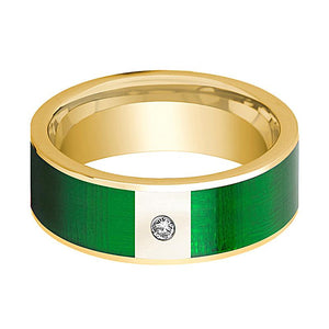 Green Inlay 14k yellow gold wedding band 8mm with diamond, side profile