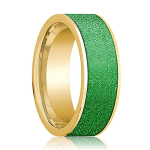 Green Inlay 14k yellow gold wedding band 8mm, top view