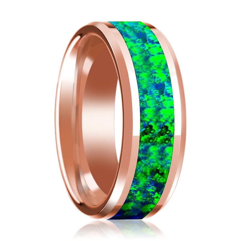 Blue Opal inlay 14k rose gold wedding band 8mm, top view