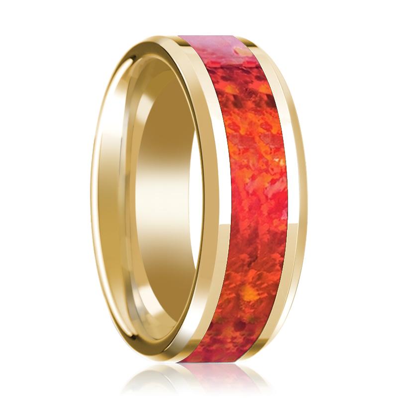 Red Opal inlay 14k yellow gold wedding band 8mm, top view
