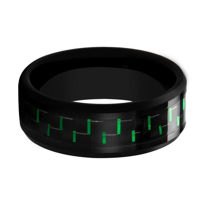 CARBONOX | Black Tungsten Ring, Green Carbon Fiber Inlay, Beveled - Rings - Aydins Jewelry - 2