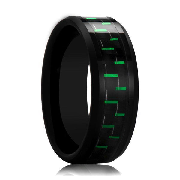 CARBONOX | Black Tungsten Ring, Green Carbon Fiber Inlay, Beveled - Rings - Aydins Jewelry - 1