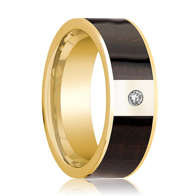 Ebony Wood inlay 14k white gold wedding band 8mm with diamond, top view