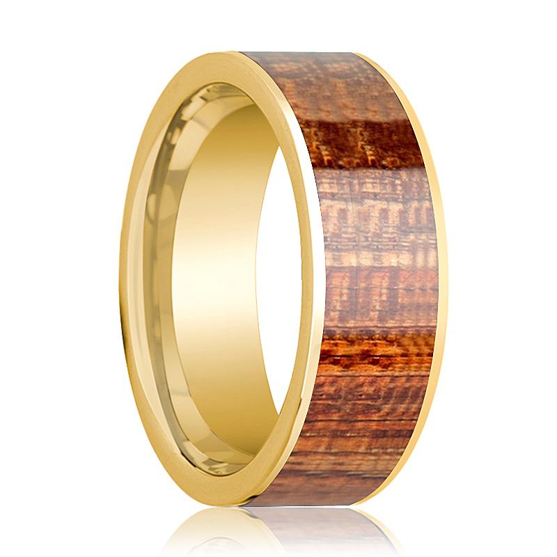 Mahogany inlay 14k yellow gold wedding band, top view