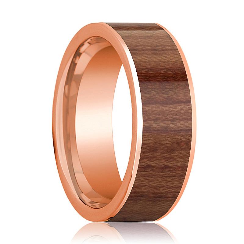 Rosewood inlay 14k rose gold wedding band 8mm, top view