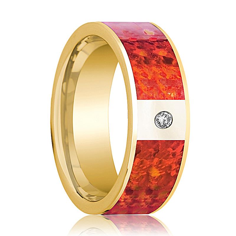 Red Opal inlay 14k yellow gold wedding band 8mm with diamond, top view