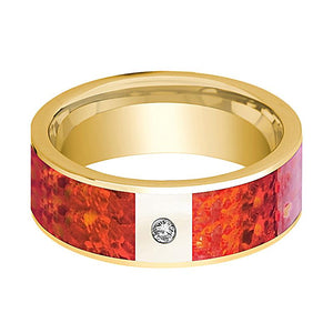 Red Opal inlay 14k yellow gold wedding band 8mm with diamond, side profile