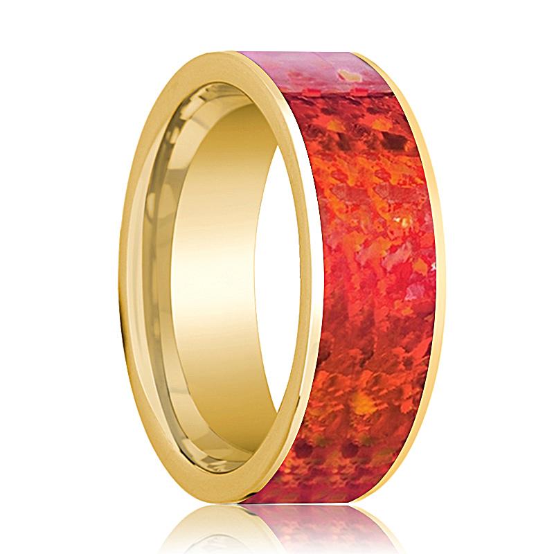 Red Opal inlay 14k yellow gold wedding band 8mm, top view