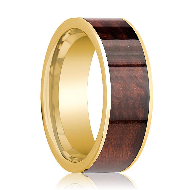 Red Wood inlay 14k yellow gold wedding band 8mm, top view