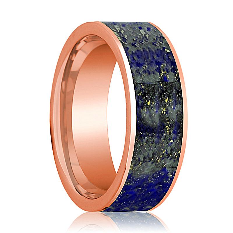 Lapis Lazuli inlay 14k rose gold wedding band 8mm, top view