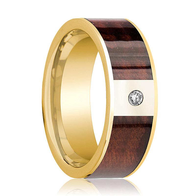 Red Wood inlay 14k yellow gold wedding band 8mm with diamond, top view