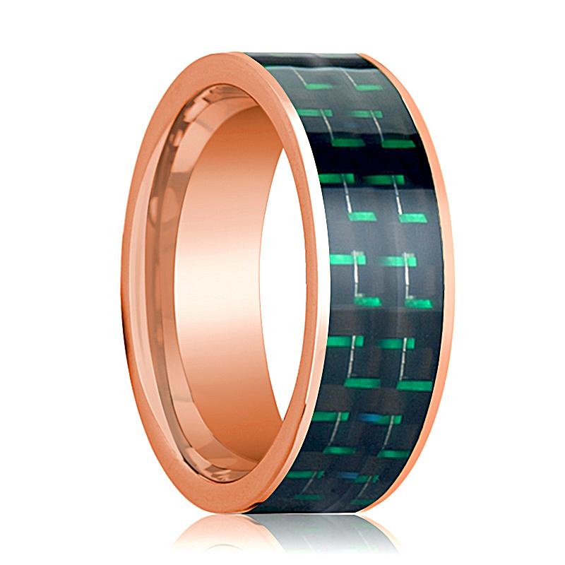 Green Carbon Fiber inlay 14k rose gold wedding band 8mm, top view