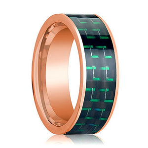 Green Carbon Fiber inlay 14k rose gold wedding band 8mm, top view