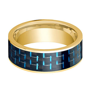 Blue Carbon Fiber inlay 14k yellow gold wedding band 8mm, side profile