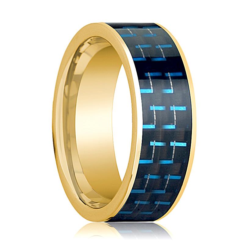 Blue Carbon Fiber inlay 14k yellow gold wedding band 8mm, top view