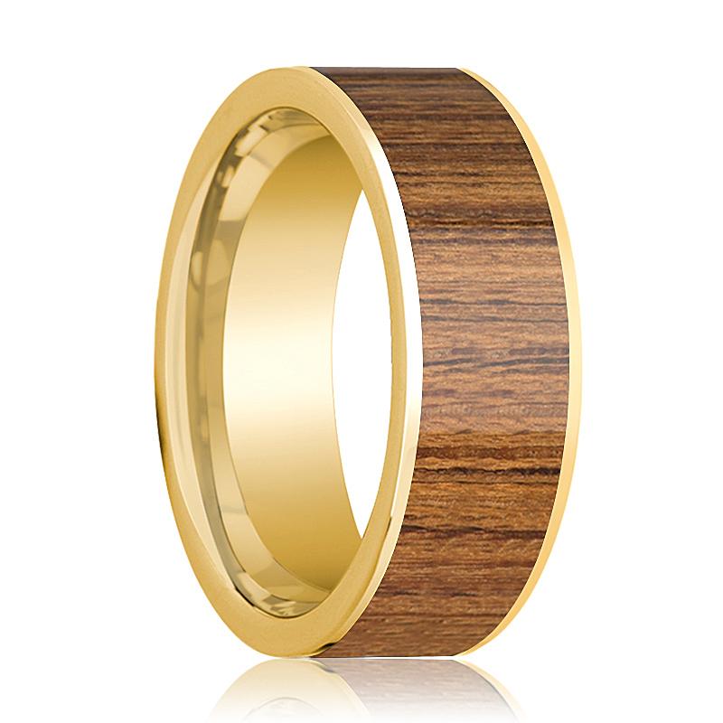 Teak Wood inlay 14k yellow gold wedding band 8mm, top view