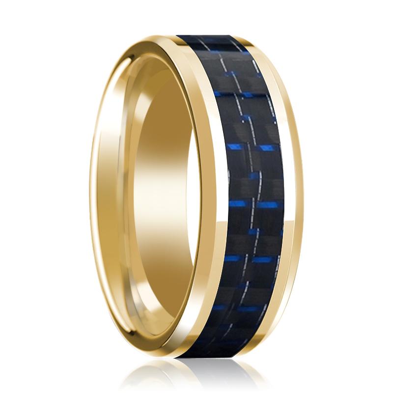 Black Carbon Fiber inlay 14k yellow gold wedding band 8mm, top view