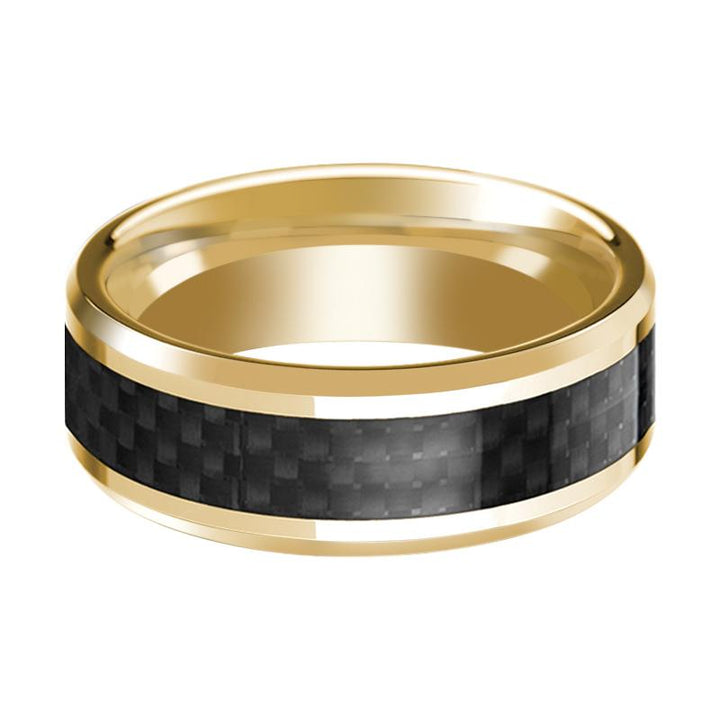 Men's Polished 14k Yellow Gold Wedding Ring with Black Carbon Fiber Inlay & Beveled Edges - 8MM - Rings - Aydins Jewelry - 2
