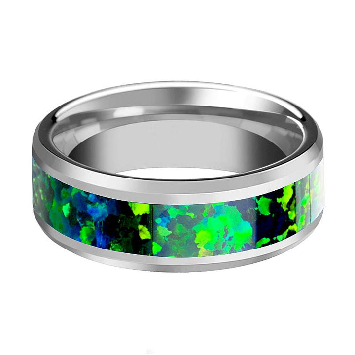 Men's Tungsten Beveled Wedding Band with Emerald Green and Sapphire Blue Opal Inlay - Rings - Aydins Jewelry - 2