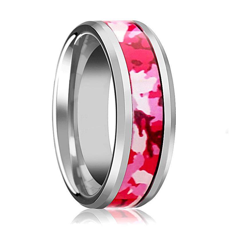 Men's Tungsten Wedding Band with Pink and White Ca Tungsten Carbide men's wedding band, image 1