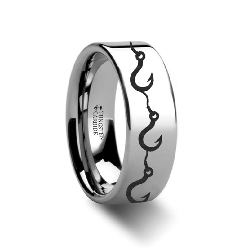 Multiple Fishing Hook Pattern Print Engraved Flat Tungsten Carbide men's wedding band, image 1
