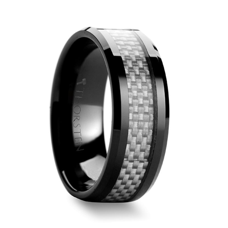 MYSTIQUE | Black Ceramic Ring, White Carbon Fiber Inlay, Beveled - 8MM / 6