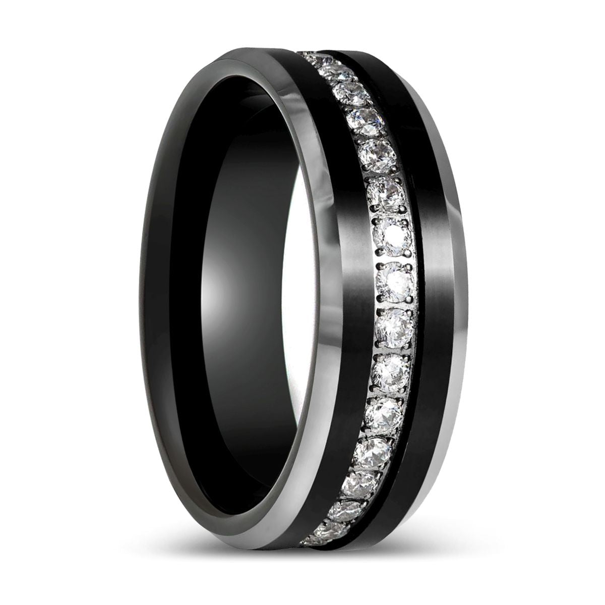 NEMESIS black tungsten CZ wedding ring lifestyle shot