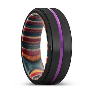 NOWRA | Multi Color Wood, Black Tungsten Ring, Purple Groove, Stepped Edge - Rings - Aydins Jewelry - 1