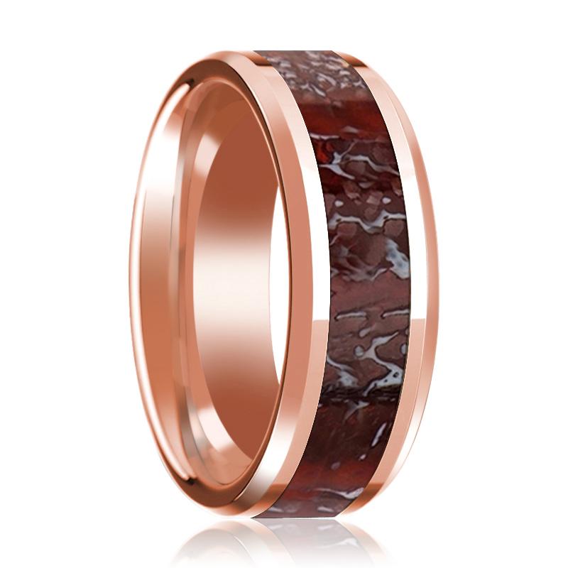 Dinosaur Bone inlay 14k rose gold wedding band, top view