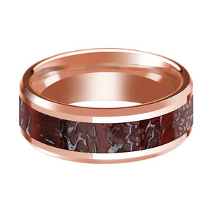 Dinosaur Bone inlay 14k rose gold wedding band, side profile