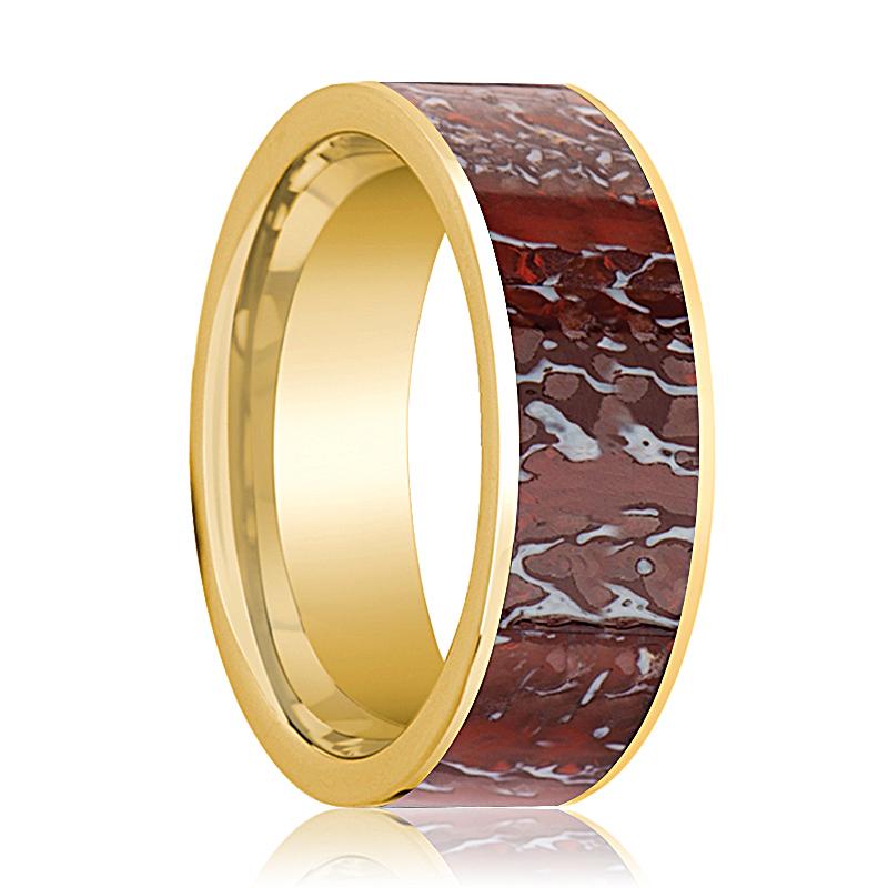 Dinosaur Bone inlay 14k yellow gold wedding band, top view