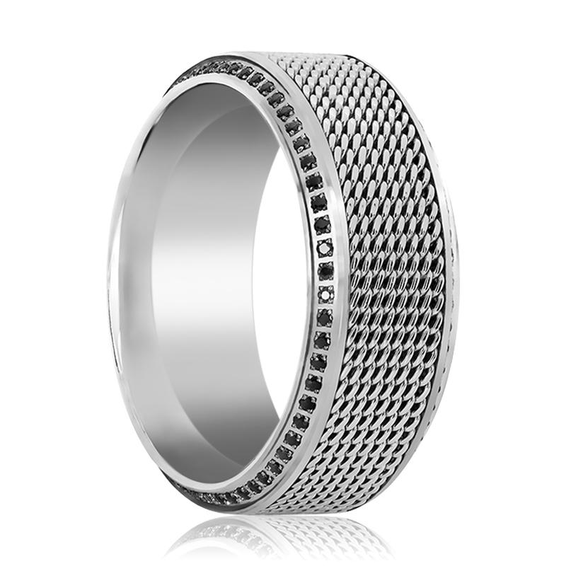 GAUNTLET Silver Titanium Ring Steel Chain in Middle Black Diamonds Beveled 10mm 5