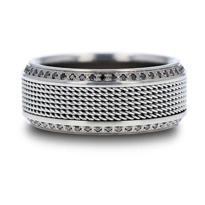OGIER | Silver Titanium Ring, Steel Chain in Middle, Black Diamonds, Beveled - Rings - Aydins Jewelry - 2