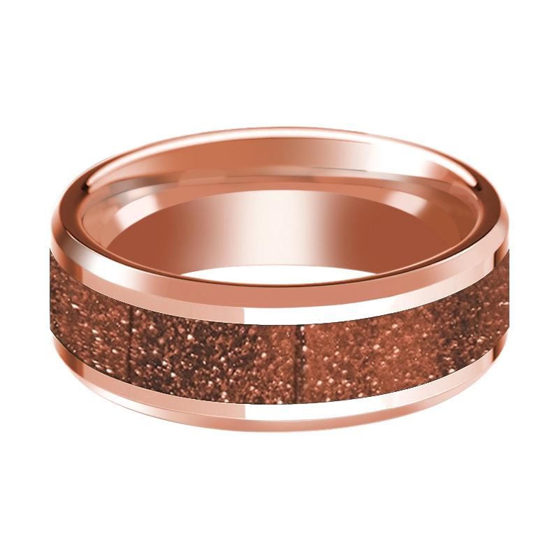Goldstone inlay 14k rose gold wedding band 8mm, side profile