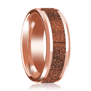 Goldstone inlay 14k rose gold wedding band 8mm, top view