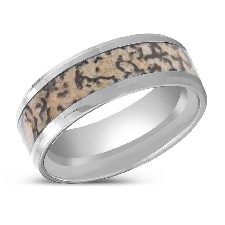 ORDOVICIAN | Silver Tungsten Ring, Brown Dinosaur Bone Inlay, Beveled - Rings - Aydins Jewelry - 2