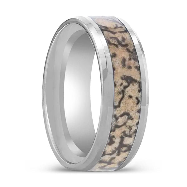ORDOVICIAN | Silver Tungsten Ring, Brown Dinosaur Bone Inlay, Beveled - Rings - Aydins Jewelry - 1