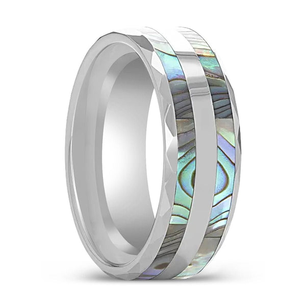 PAUA | Tungsten Ring, Double Abalone Shell Inlay, Beveled Polished Edges - Rings - Aydins Jewelry - 1