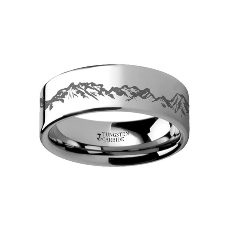 Peaks Mountain Range Scene Engraved Flat Tungsten Tungsten Carbide men's wedding band, image 1