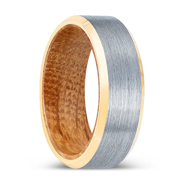 PINESCAR | Whiskey Barrel Wood, Brushed, Silver Tungsten Ring, Gold Beveled Edges - Rings - Aydins Jewelry - 1