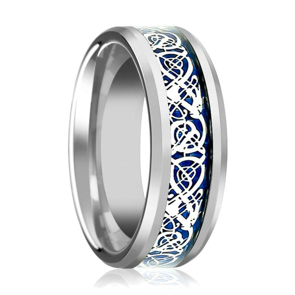 POET | Silver Tungsten Ring, Blue Celtic Dragon Inlay, Beveled - Rings - Aydins Jewelry - 1