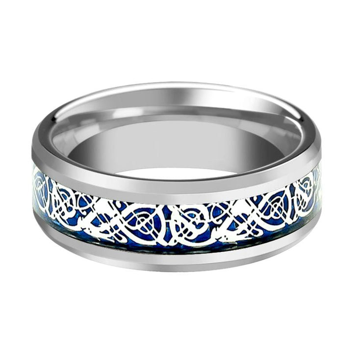 POET | Silver Tungsten Ring, Blue Celtic Dragon Inlay, Beveled - Rings - Aydins Jewelry - 2