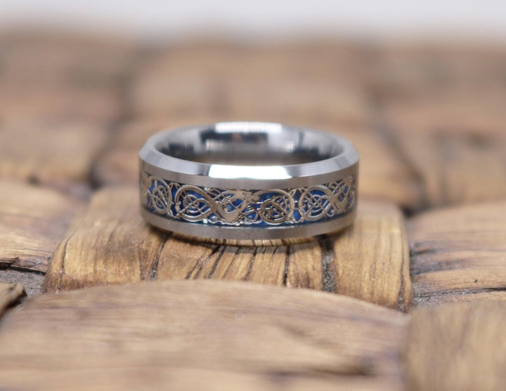 POET | Silver Tungsten Ring, Blue Celtic Dragon Inlay, Beveled - Rings - Aydins Jewelry - 4