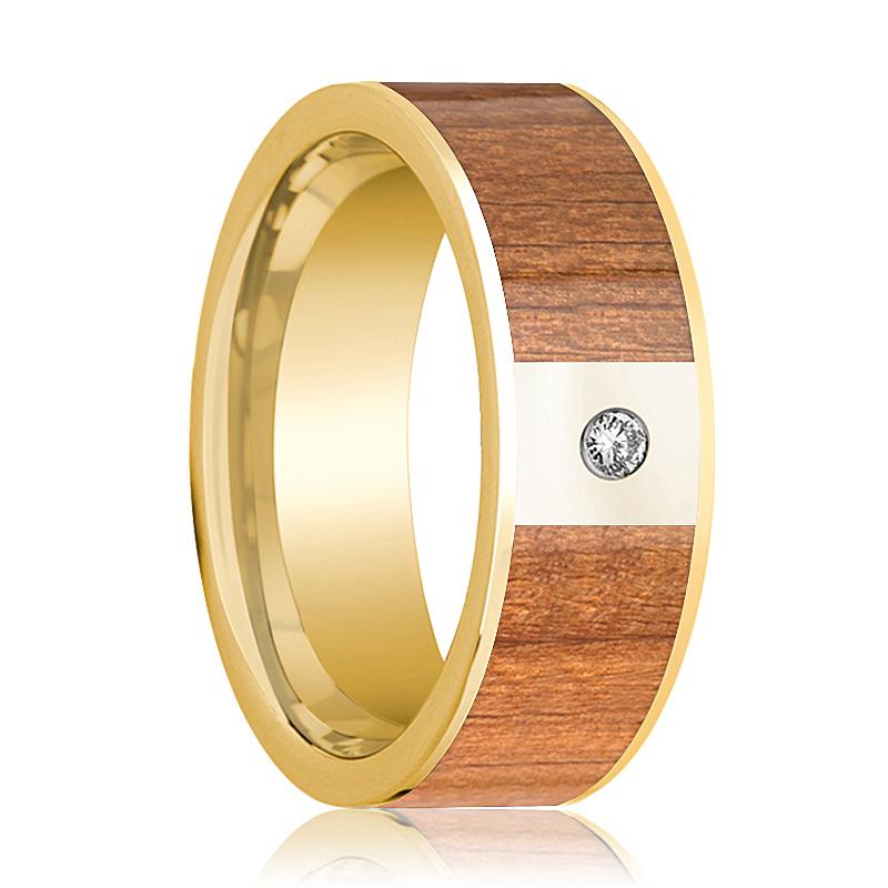Sapele Wood inlay 14k yellow gold wedding band 8mm with diamond, top view