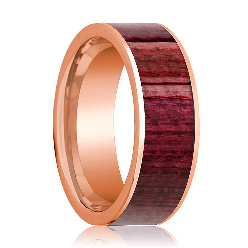 Purpleheart Wood inlay 14k rose gold wedding band 8mm, top view