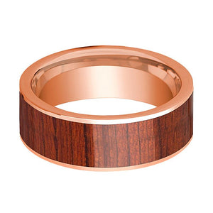 Padauk Wood inlay 14k rose gold wedding band 8mm, side profile
