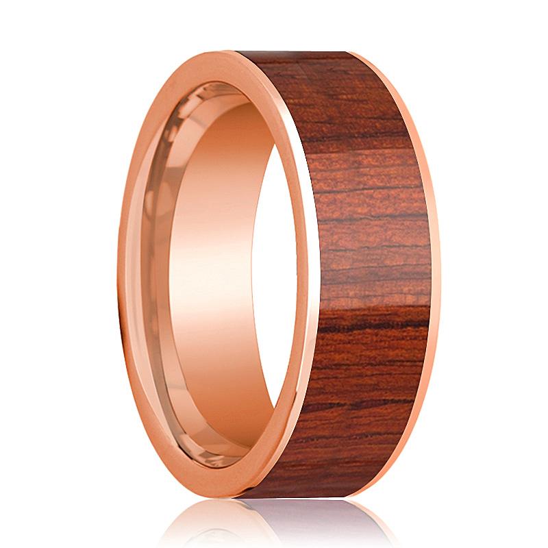 Padauk Wood inlay 14k rose gold wedding band 8mm, top view