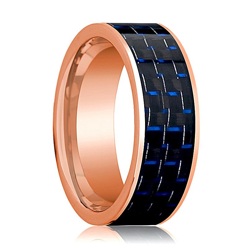 Black Carbon Fiber inlay 14k rose gold wedding band 8mm, top view