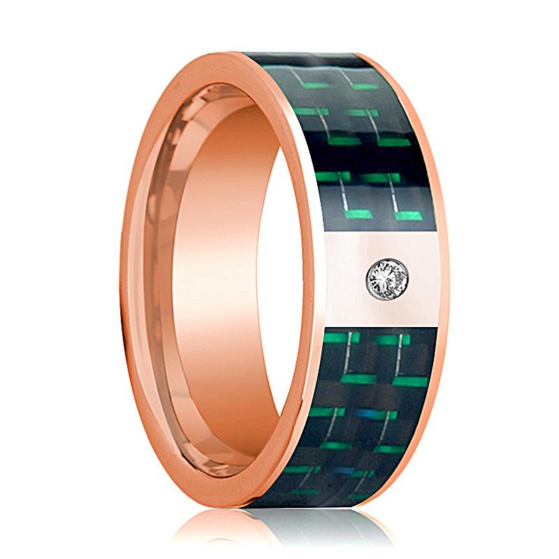 Green Carbon Fiber inlay 14k rose gold wedding band 8mm with diamond, top view