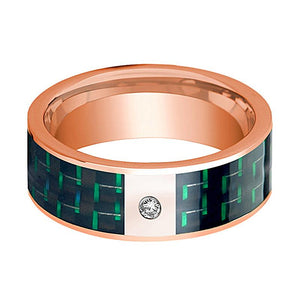 Green Carbon Fiber inlay 14k rose gold wedding band 8mm with diamond, side profile